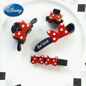4 each Acrylic Red Bow Grab Hair Clips Set Minnie Mouse Polka Dots Disney